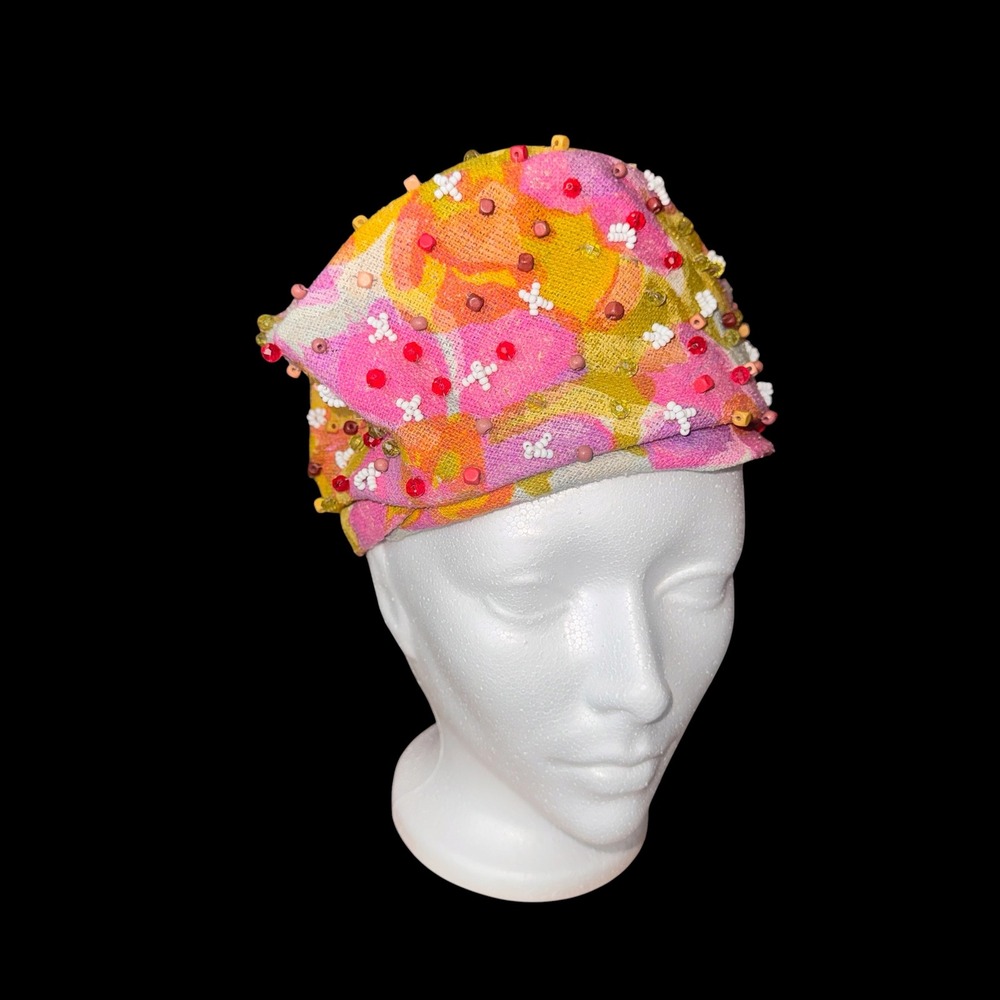 Robin New York Vintage 60s Pillbox Hat Pink Orange Floral Beaded Mod OSFM